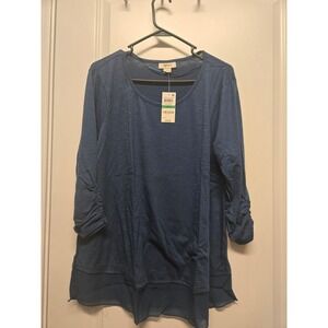 Style & Co Womens Mountain Blue Layered Hem Ruched Sleeve Top L 22722UE805